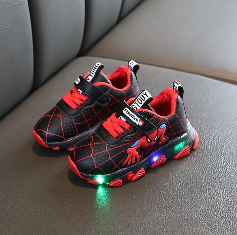 New Spring Printed Cartoon Spiderman Children Shoes With Light Kids Led Shoes Luminous Glowing Sneakers Baby Toddler Girls Shoes