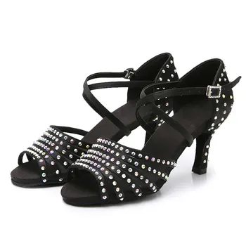 

Satin Upper Rhinestone Sandals Dance Shoes Woman Shoes High Heel Girls Latin Dancing Shoes
