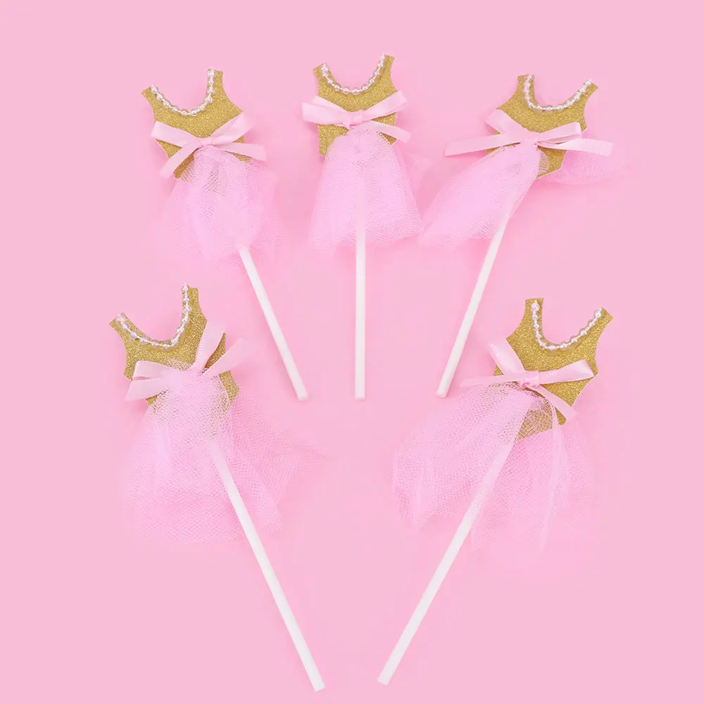 5pcs Cupcake Cake Topper Paper Princess Skirt With Straw Inserted Card Flags Lovely Gift Decoration For Wedding Birthday Party