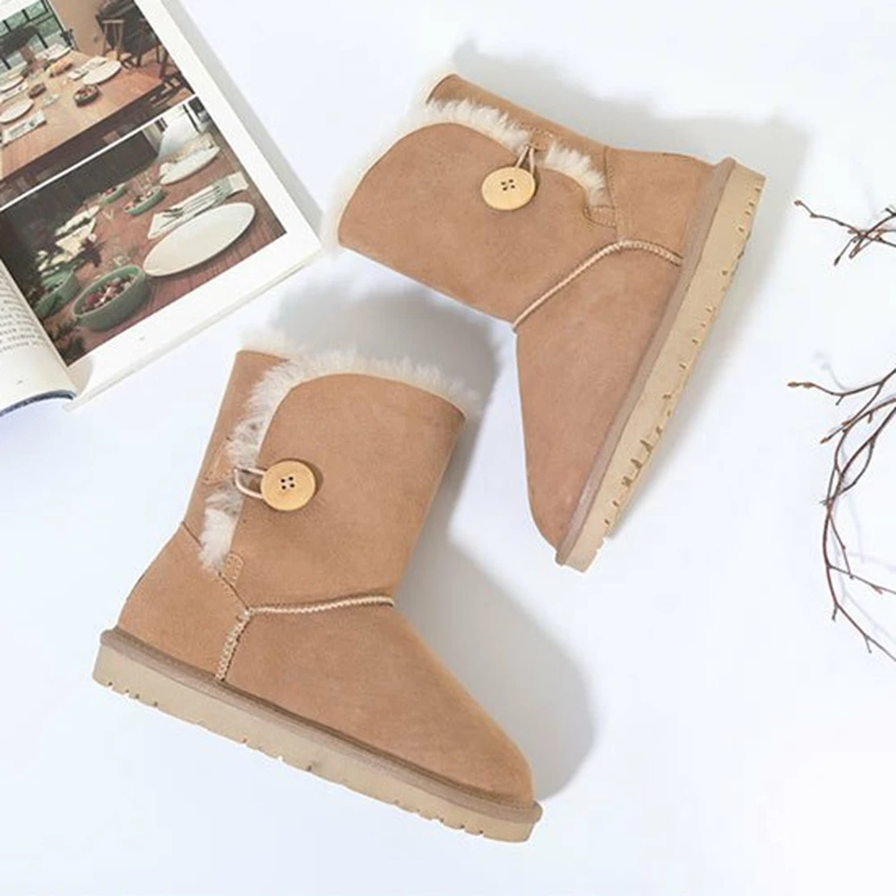 Sand color PSLD/женские ботинки на меху; Новинка года; Сезон Зима; u han edition; кожаные короткие ботинки цилиндрической формы; обувь на плоской подошве - Цвет: Sand color