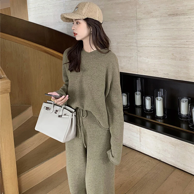 Ceny Na co dzień sweter dres O neck swetry i luźne spodnie bluzy z kapturem damskie zestaw sweter z dzianiny zestaw jesień zima z dzianiny 2 sztuk zestaw