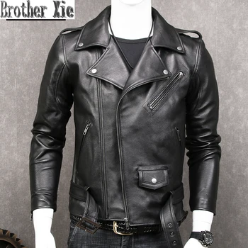 

Black Slim Motorcycle Genuine Leather Jacket Coats Men Fashion Sashes Plus Size XXXXXL Real Leather Jackets Luxury Sheepskin New
