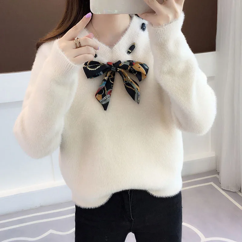 Sweater Women Autumn Winter Sweet Loose Mohair Bow Collar Pullover Thicken Long Sleeve White Black Fashion Sweaters Jumper | Женская