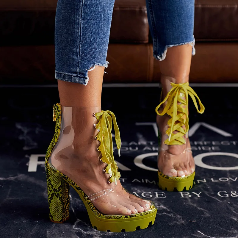 

2020 New Style Chunky-Heel Thick Bottomed Platform Fluorescence Color High-Heel Transparent PVC Bandage Cloth Shoes