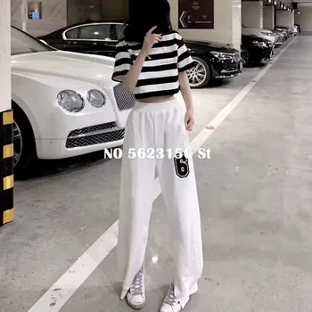 

2020 trend womens 2 piece set cotton Striped letter printed t-shirt top + white/black casual trousers luxury design women's sets