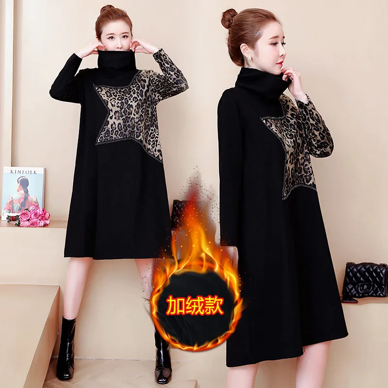 

2019 Autumn And Winter New Style Korean-style Loose-Fit Brushed And Thick Leopord Pattern Splicing Dress Large Size Dress Medium