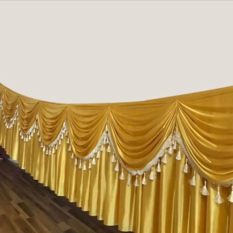 20ft Length (6M) Gold Table Skirts Ice Silk Solid Table Skirt Beautiful Swag with Tassel Cloth Wedding Decoration