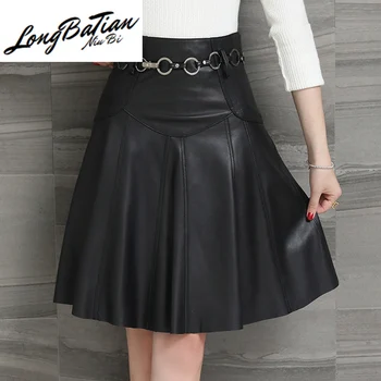 

Leather Spring Women's Autumn Real Sheepskin Mini Skirts Womens Vintage Elegan Pleated Skirt Plus Size Jupe Femme