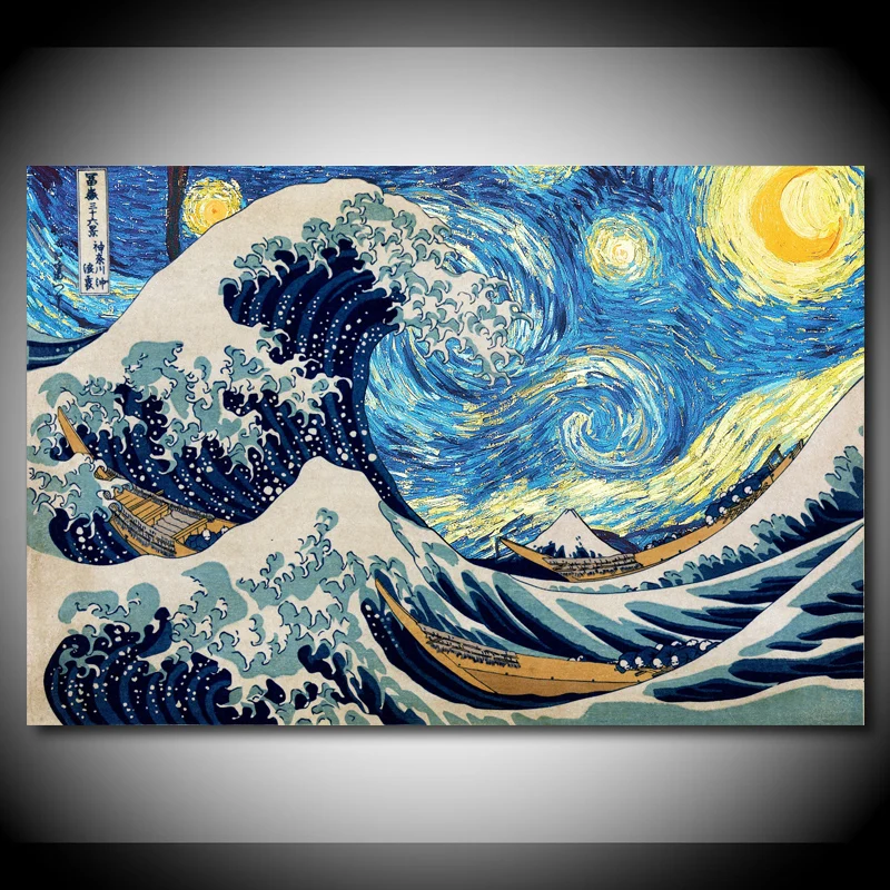 Картина «Звездная ночь», шелковая настенная живопись, Великая волна канагава, на холсте, плакаты и принты, современные украшения для дома