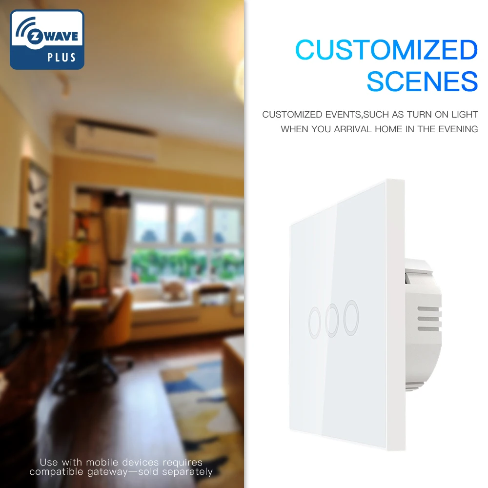 NEO COOLCAM 3CH Z-wave Plus Wall Light Switch 3 Gang Home Automation Wall Light Switch Touch Control EU 868.4MHZ