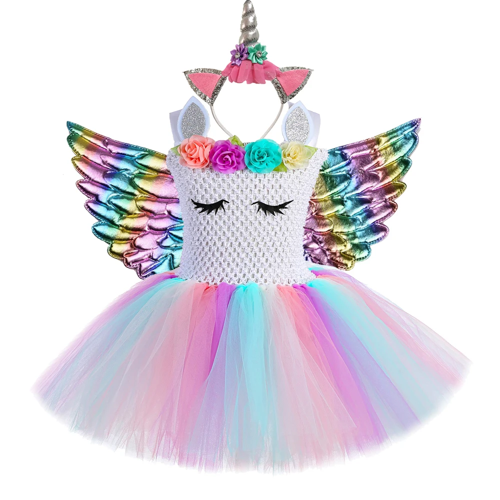 Pastel Unicorn Dress for Girls Flower Princess TuTu Dresses Kids Halloween Costume Child Cosplay Fancy with Wings 1-14Y | Детская одежда