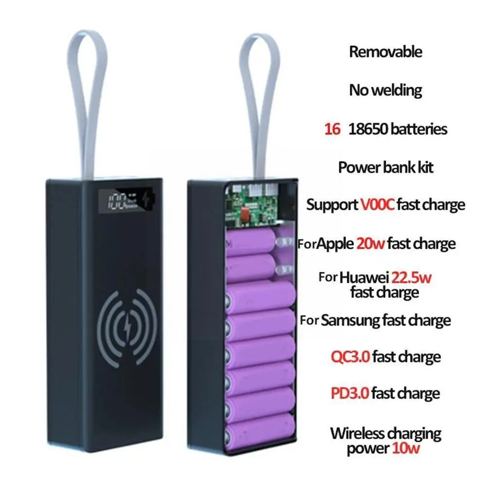 Portable Removable Welding Free 16*18650 Battery Holder DIY Fast PD Power Wireless Case Storage Bank Adapter |