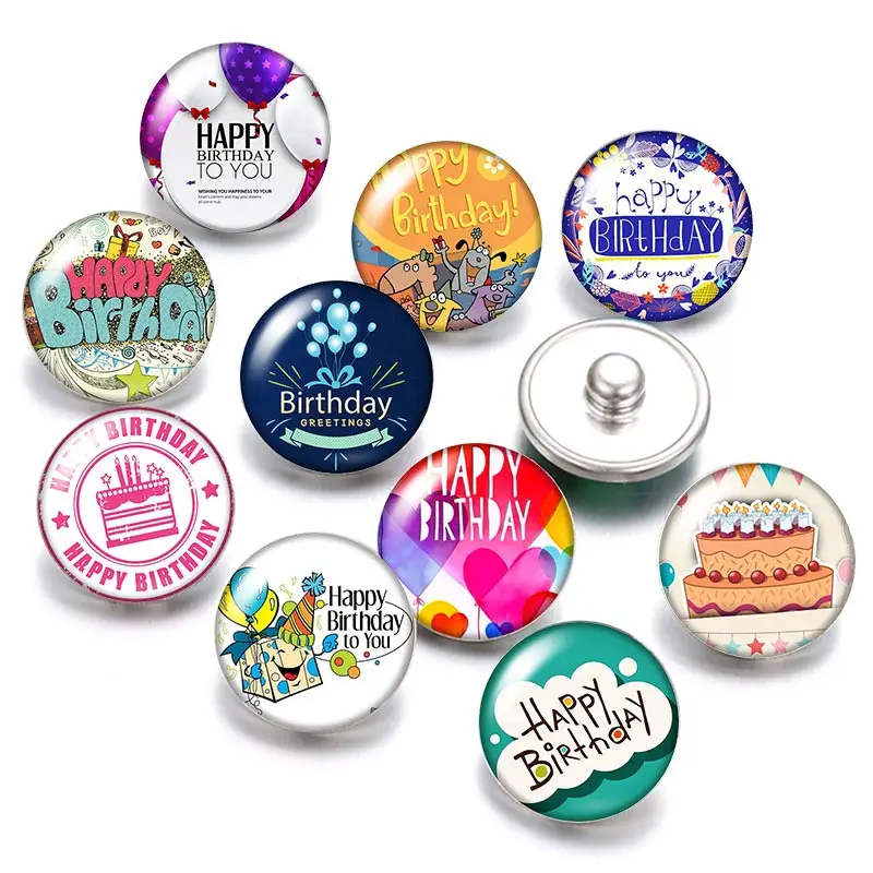 

Happy birthday cake 18mm snap buttons 10pcs mixed round photo glass cabochon style for snap button jewelry