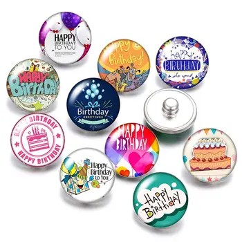 

Happy birthday cake 18mm snap buttons 10pcs mixed round photo glass cabochon style for snap button jewelry