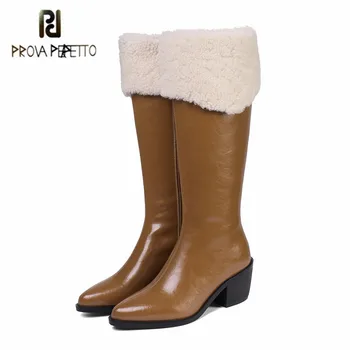 

Prova Perfetto Sexy Boots Women Leather Mauri Mid Heel Zipper-Side Pointed Toe Boots 2020 New Style Rome Knee-length Botas Mujer