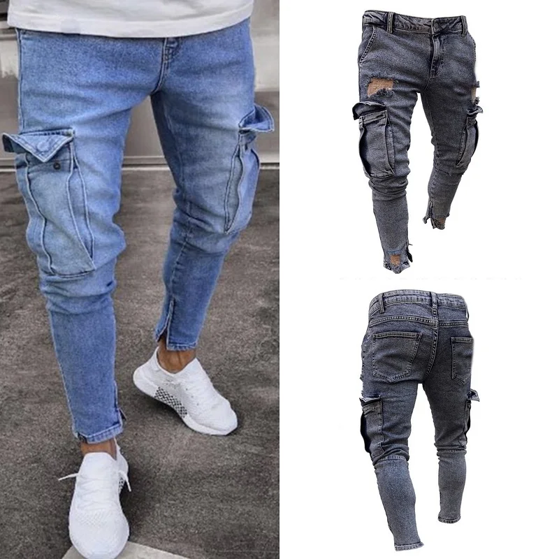 Skinny Biker Jeans Men Multi-pocket Slim Fashion trousers Men Motorcycle Hip hop Streetwear Denim Pants