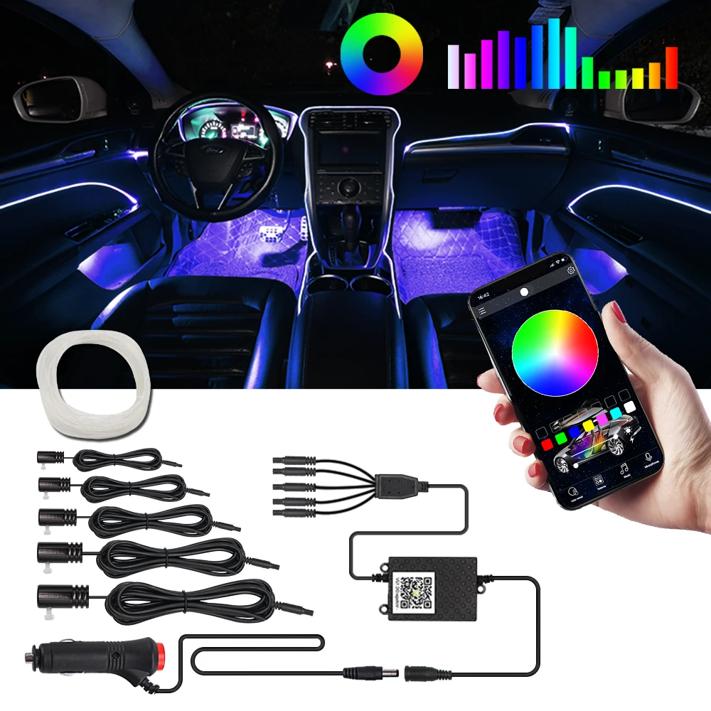 

Car Atmosphere Lights EL Neon Wire Strip Light RGB Multiple Modes App Sound Control Auto Interior Decorative Ambient Neon Lamp