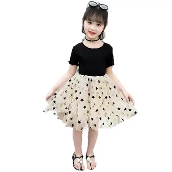 

3-10 Yrs NEW Girls Short Sleeve Pink Black Dress Summer Casual Patchwork Dresses for Baby Girl Pentagram Birthday Party Dress