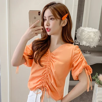 

COIGARSAM blouse women New Summer Belt V-Neck blusas womens tops and blouses Orange White Yellow 2193