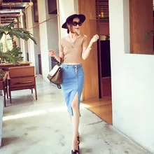 Для женщин леди сплошной цвет эластичность Сплит тонкая джинсовая юбка для лета пляжные вечерние SER88