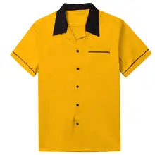 Camisa de bolos blanco de manga corta Camisa clásica Retro ST117Y amarillo rojo algodón mediados de siglo inspirado estilo hombres camisas