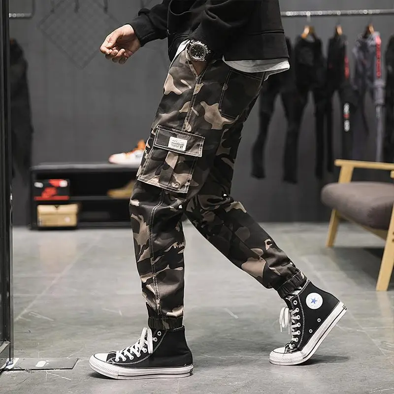 M-4XL с эластичной талией Camoflague тактические брюки корейский стиль мужские уличные военные брюки карго с манжетами длина голеностопного сустава брюки - Цвет: Khaki Camo Pants