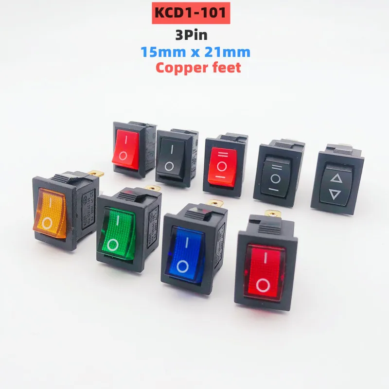 Interruptor basculante marino para coche, panel de instrumentos con LED, encendido/apagado, 3 pines, 15x21mm, KCD1-101, rojo, azul, amarillo, verde y negro
