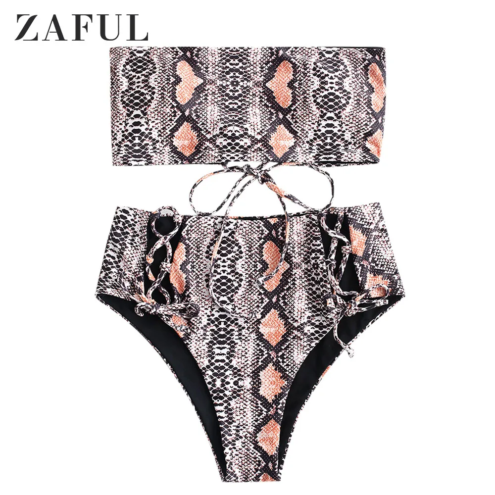 

ZAFUL Snakeskin Print Lace-Up Bandeau Bikini Set Swimwear Women Snake Print Strapless High Waist Two Piece Swimsuit Bathing Suit