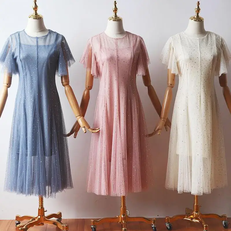 

2pcs/set New Arrival Sweetheart Tea-length A-line Chiffon Women Summer Party Sequin Tulle Vintage Cocktail Dresses Coctail Dress