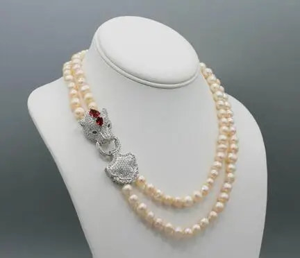 

Hand-made micro inlaid zircon leopard head accessories 8-9mm pink freshwater pearl necklace 43-47cm long