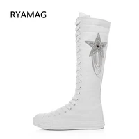 Ryamag 2021 New Women's Canvas Boots Long Boots Flats Shoes Casual High bling tassel Zipper Comfortable Vulcanize Sneakers