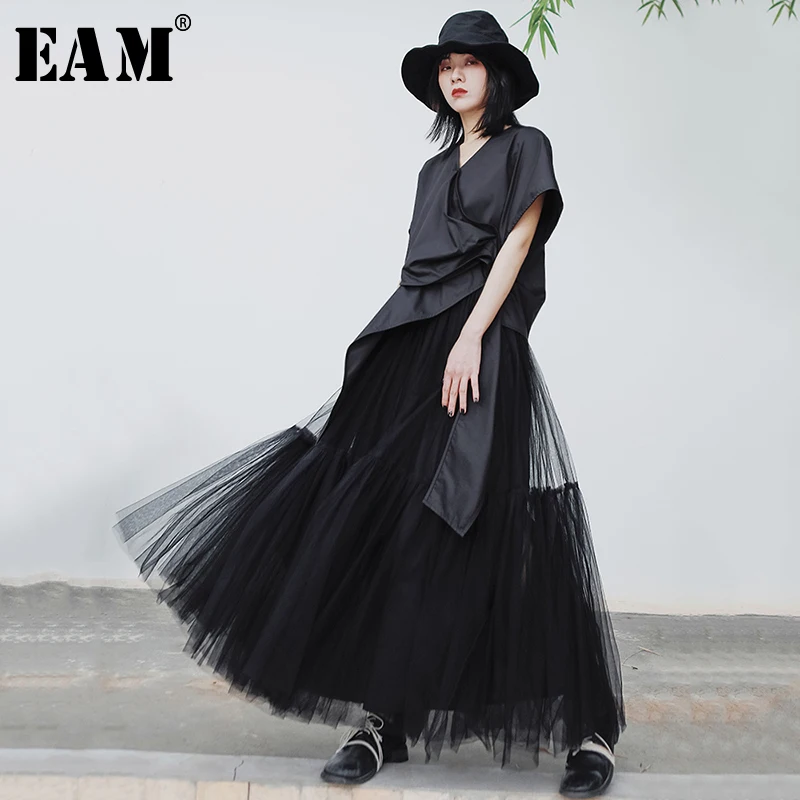 

[EAM] High Elastic Waist Black Mesh Split Joint Temperament Half-body Skirt Women Fashion Tide New Spring Autumn 2020 1S341