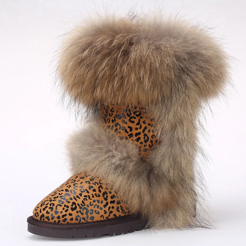 Leopard Новинка; классические зимние ботинки в австралийском стиле; женская зимняя обувь из натуральной кожи; теплая женская обувь на плоской нескользящей резиновой подошве с натуральным лисьим мехом - Цвет: Leopard