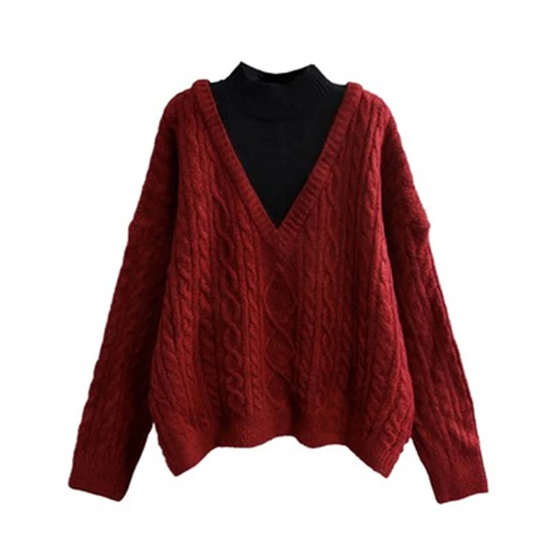

2021 New Arrivals Fake Two Piece Women's Sweater Spring Autumn Patchwork Female Pullover Loose Oversize Lady Knitted Sweaters