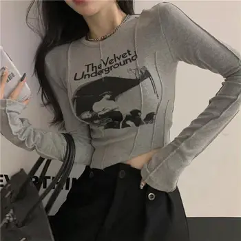 Yedinas Casual Slim T shirt For Women O Neck Long Sleeve Sexy Crop Top Grunge