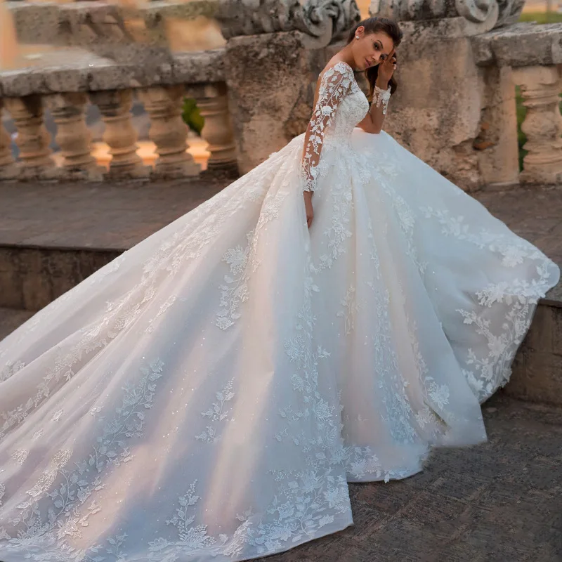 Luxury Lace Wedding Dresses Long Sleeve A-Line 3D Applique Lace Up Bridal  Gowns | eBay