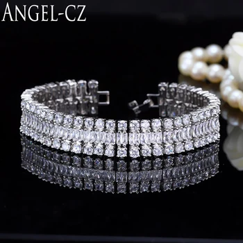 

ANGELCZ Luxury Wedding Accessories Wide Bangle Handmade Pave 3 Rows Cubic Zirconia Bridal Bracelets For Women Jewelry AB085