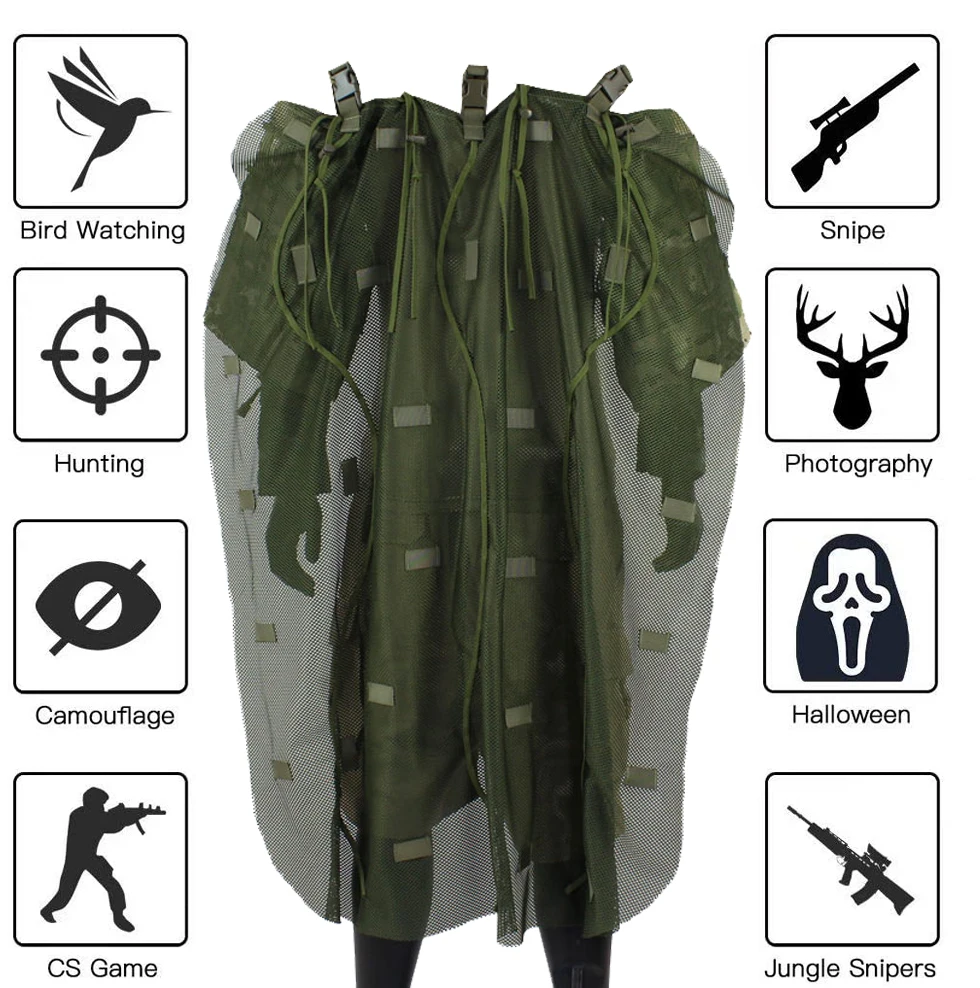 Breathable Mesh Nylon Ghillie Cape Sniper Ghillie Suit Hunting Airsoft Wildlife Photography Halloween