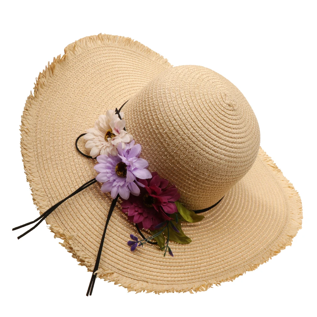 1 Piece Newest Casual Woman's Sun Caps Summer Holiday Outdoor Sunscreen Tourism Hat With Tricolor Flower Sunshade Straw Hat