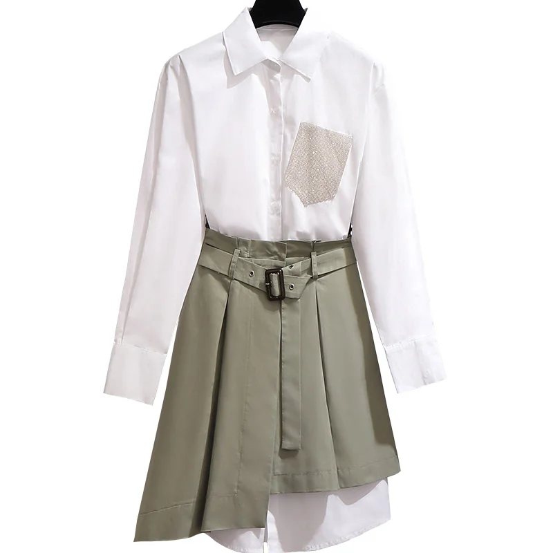 Новые весенние комплекты из 2 предметов женские костюмы белая блузка с длинным рукавом+ асимметричные юбки с поясом Женская рубашка и юбка - Цвет: Белый
