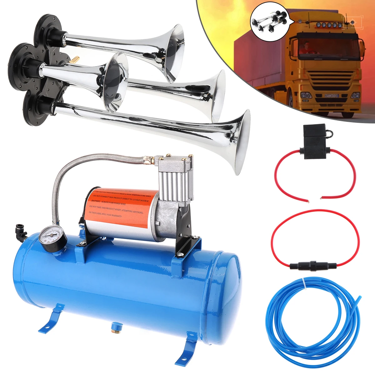 Super Loud 4 Trumpet Car Air Horn 150psi 12V 6L Mini Electric Air Horn Compressor Kit Blue Tank Gauge for Car Train Truck Boat