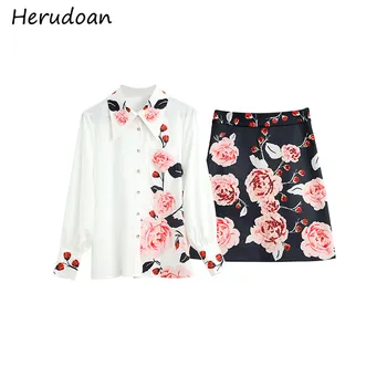 

Herudoan Designer Summer Fashion Suit Women Long sleeve Beading Flower Print Ladies Vintage Shorts and Tops 2 Two Pieces Sets