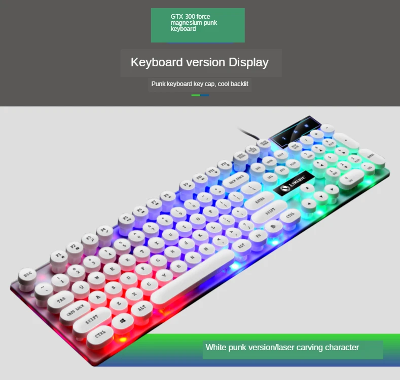 GTX300 Typewriter Keyboard and Mouse Set Punk Retro Keyboard Backlit Game USB Wired Keyboard and Mouse Set for PC Desktops