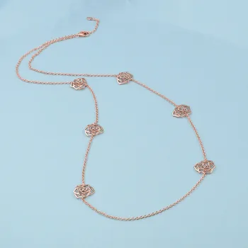 

925 Sterling silver Rose Gold Color Camellia Flower Pendant Romantic Hollow crystal Flowers Rhinestone rose Choker Necklace