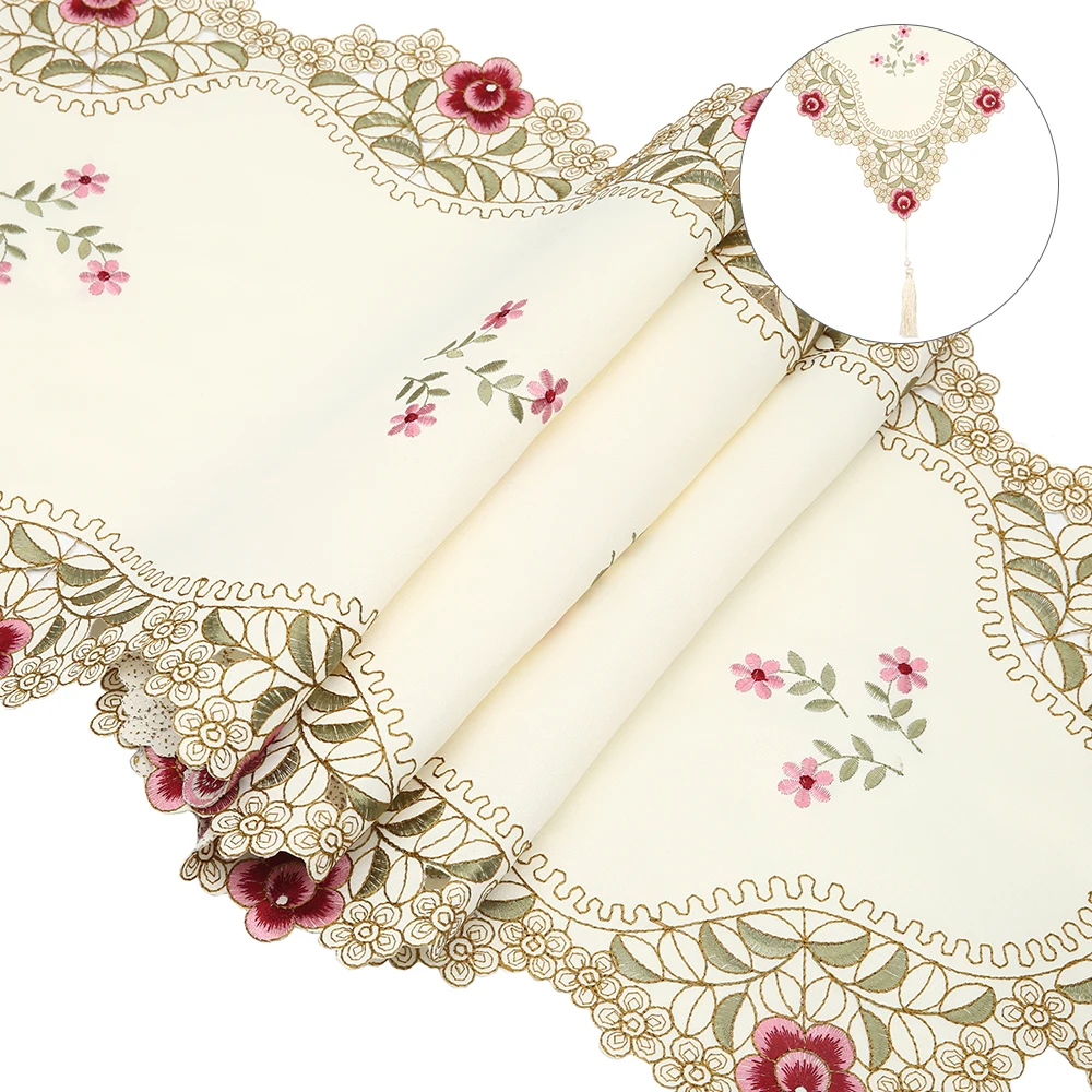 Pastoral Table Runner Embroidered Flower Leaves Hollow Polyester Table Covers Dustproof Table Decor for Home Party Wedding