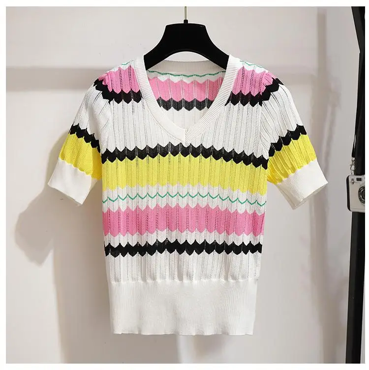 

Women Casual Thin Knitted Shirt New Summer Contrast wavy stripes Knitting Sweater Hollow out V-neck Short Sleeve Pullover Tops