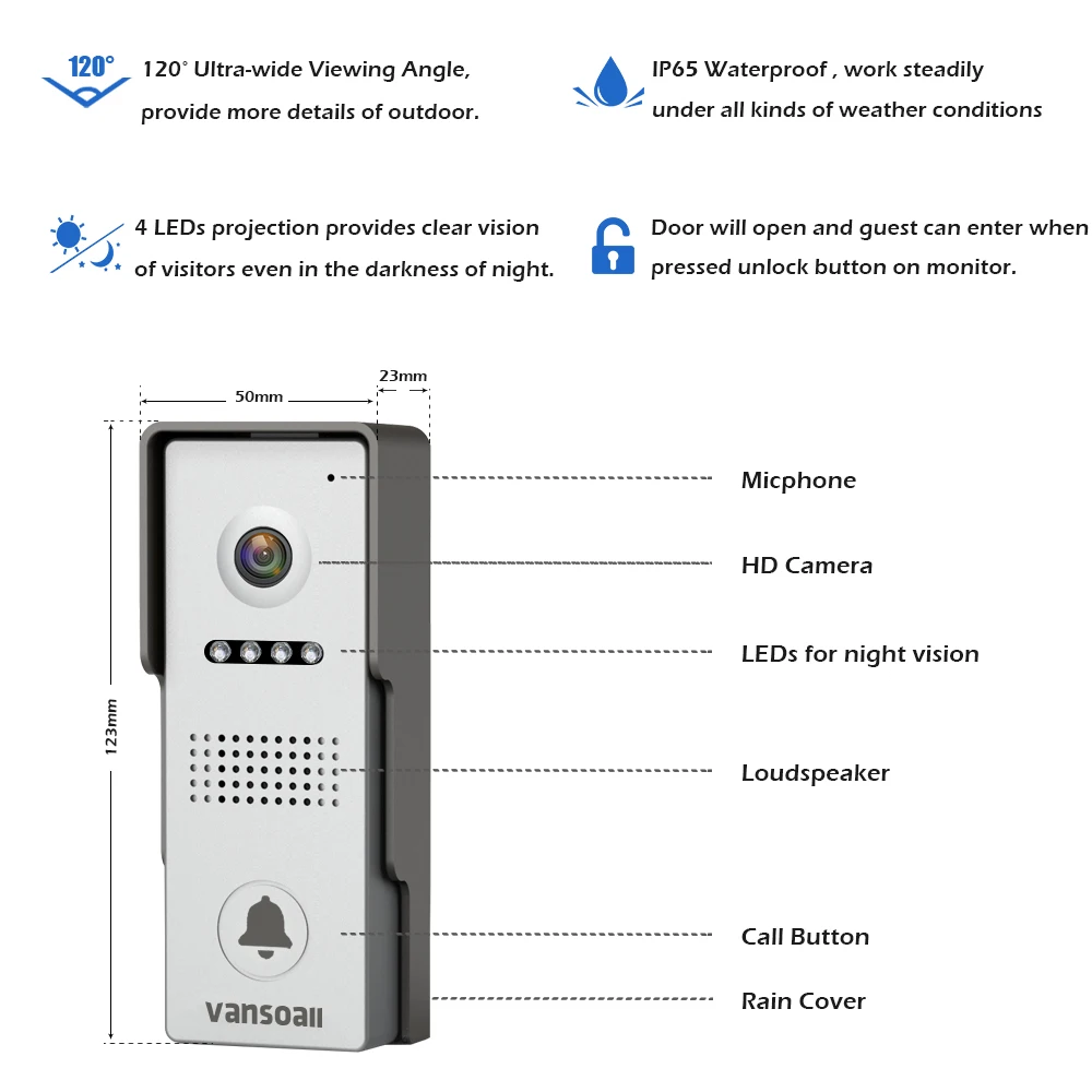 VANSOALL 7 ''TFT lcd Проводной видео-телефон двери визуальный видеодомофон Громкая связь домофон система с водонепроницаемой наружной ИК-камерой