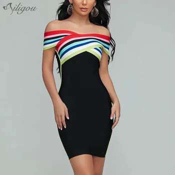 

Ailigou 2020 New Summer Lady Dress Bodycon Black Jacquard Slash Neck Fashion Sexy Celebrity Cocktail Bandage Dress Vestidos