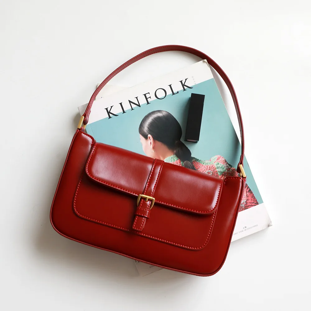 Winter New Retro Cow Leather Baguette Bag Under The Shoulder Shoulder Bag Female