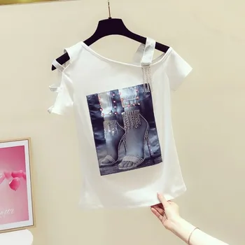 

Summer T-shirt for Women New Style Printed Diamond Set Tassels Off-Shoulder Short Sleeve T-shirt Girl Ladies Casual Tops Tee